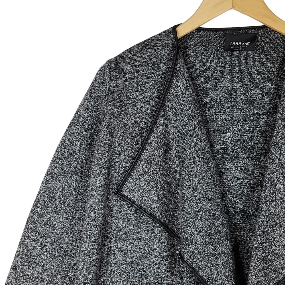Zara‎ S Womens Cardigan Sweater Gray Black Oversized Open Front Faux Leather